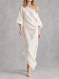 Off-Shoulder Stretch Maxi Dress in Ivory White, front view