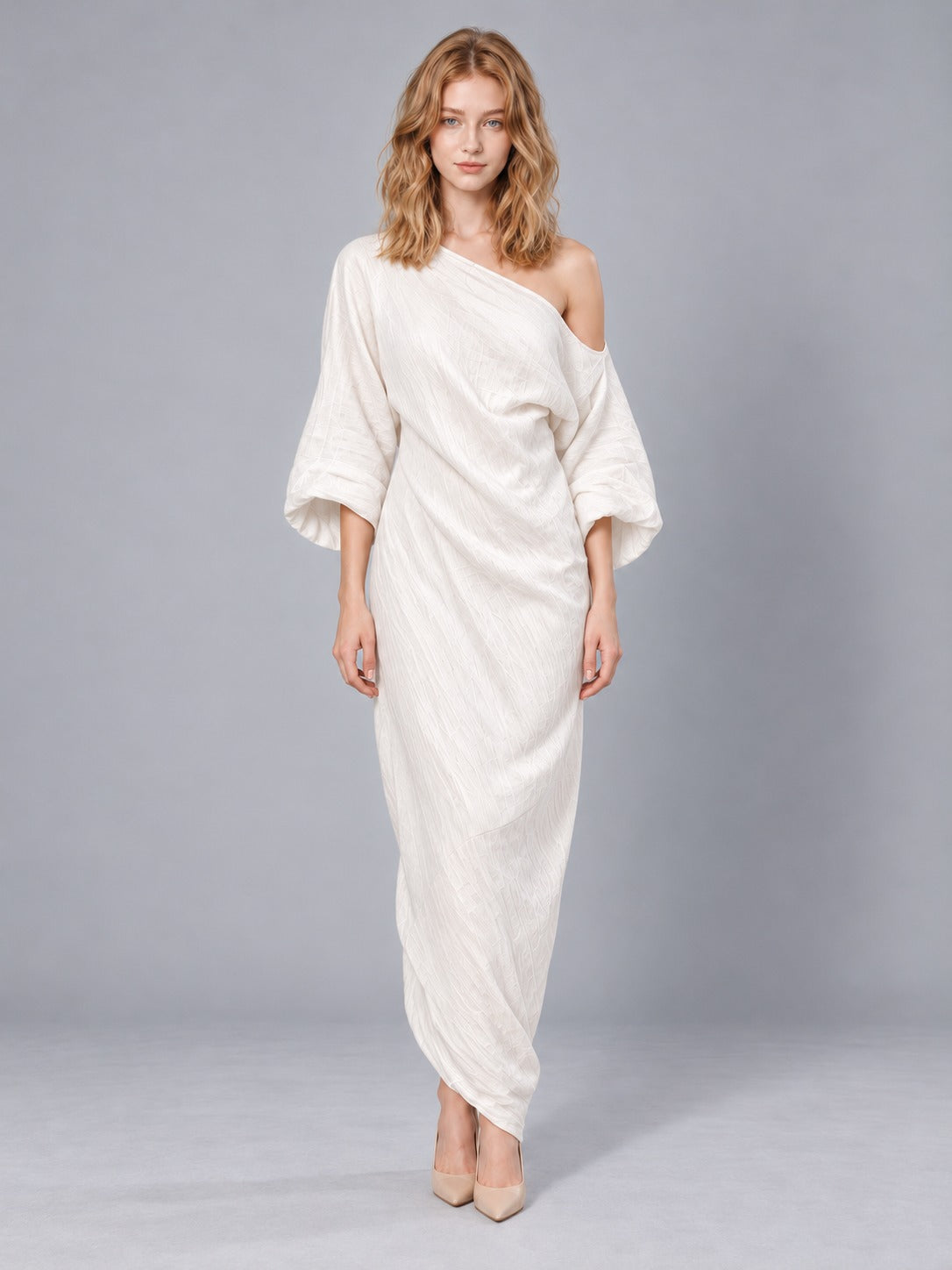 Off-Shoulder Stretch Maxi Dress in Ivory White, full-length front view
