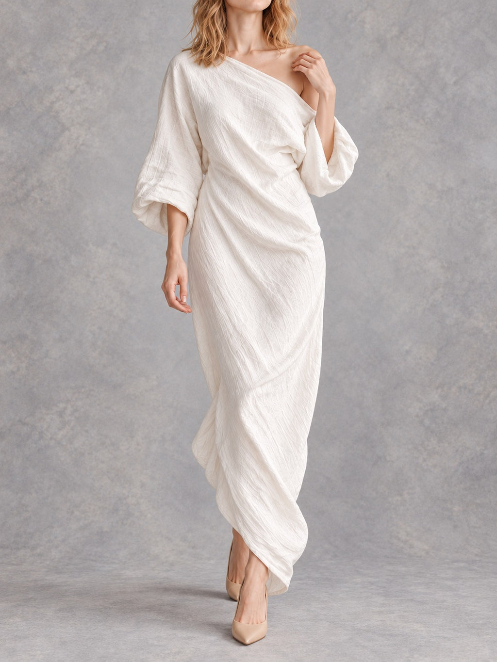 Off-Shoulder Stretch Maxi Dress in Ivory White, full-length front view