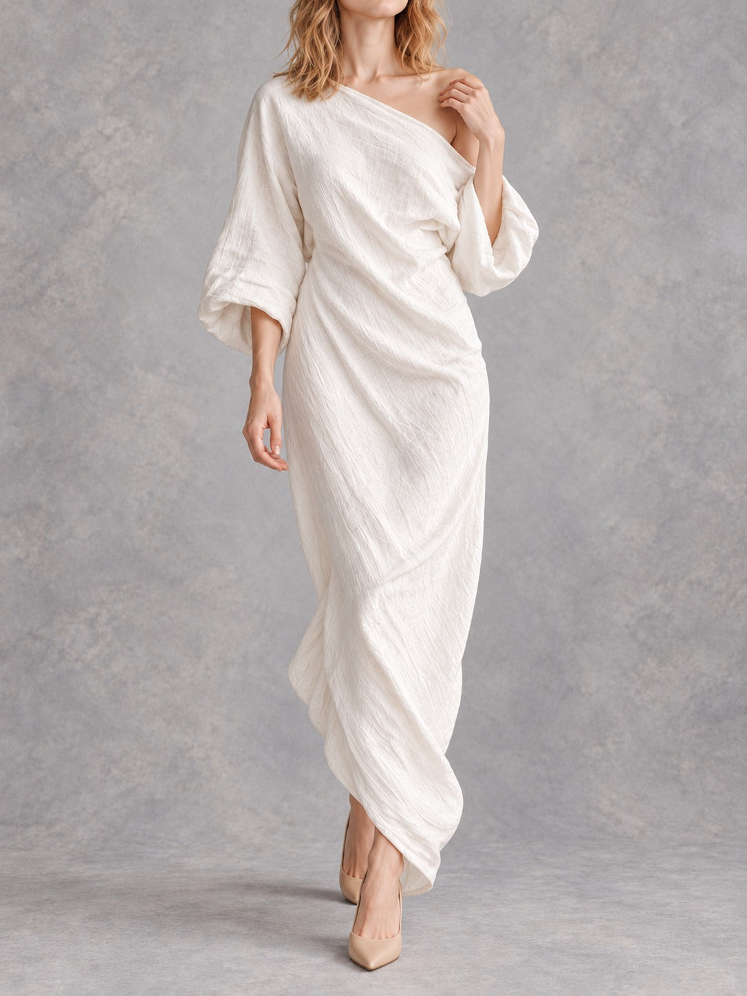 Off-Shoulder Stretch Maxi Dress in Ivory White, full-length front view