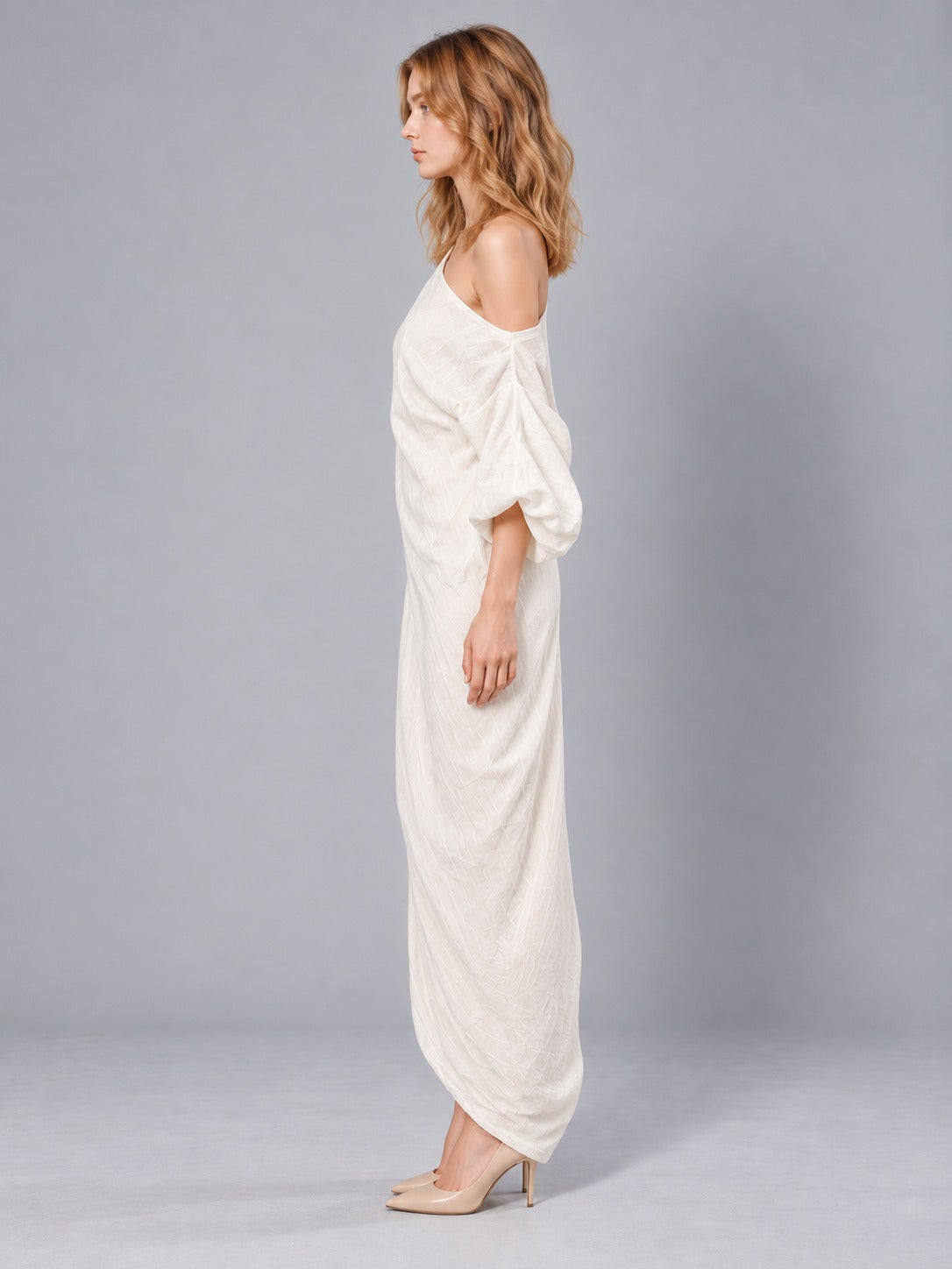 Off-Shoulder Stretch Maxi Dress in Ivory White, side view