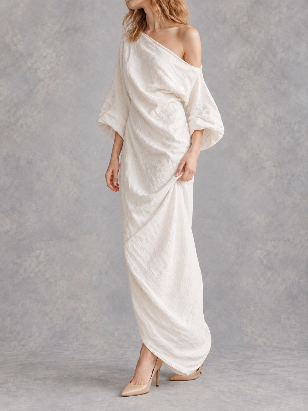 Off-Shoulder Stretch Maxi Dress in Ivory White, side view