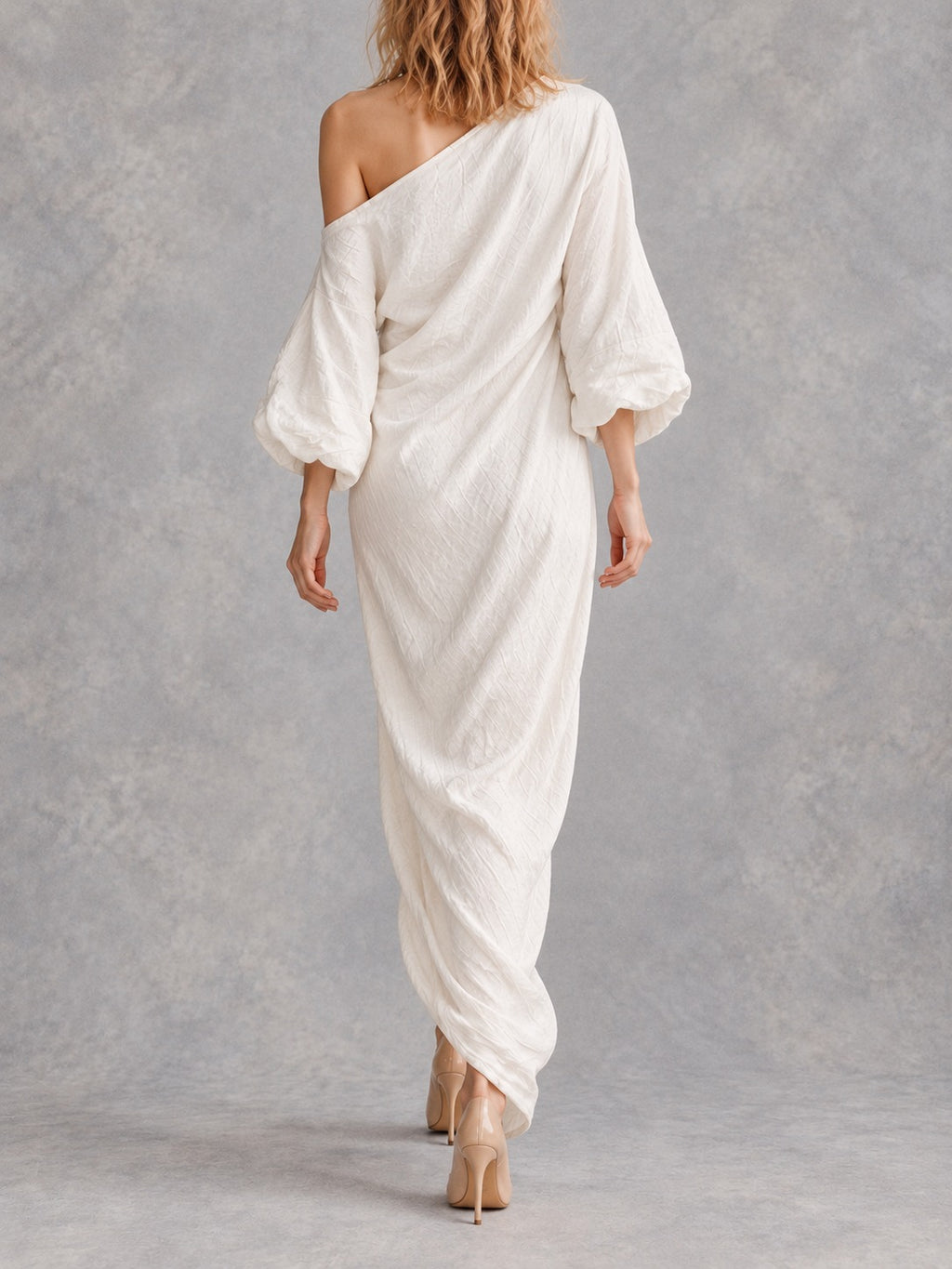 Off-Shoulder Stretch Maxi Dress in Ivory White, back view