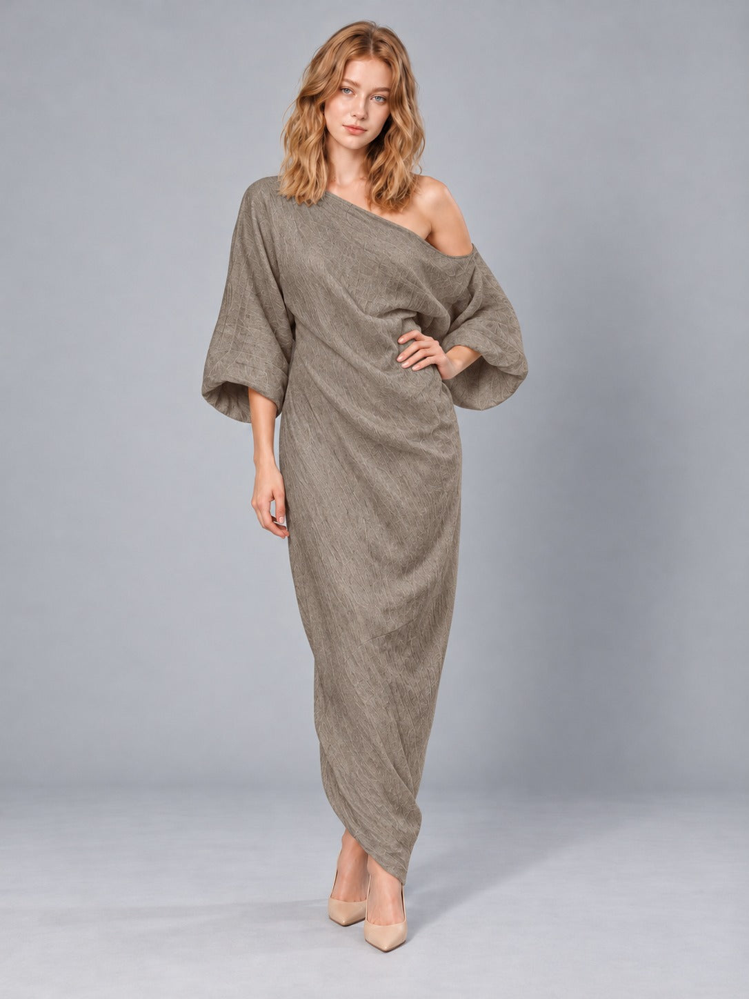 Off-Shoulder Stretch Maxi Dress in Khaki, front view