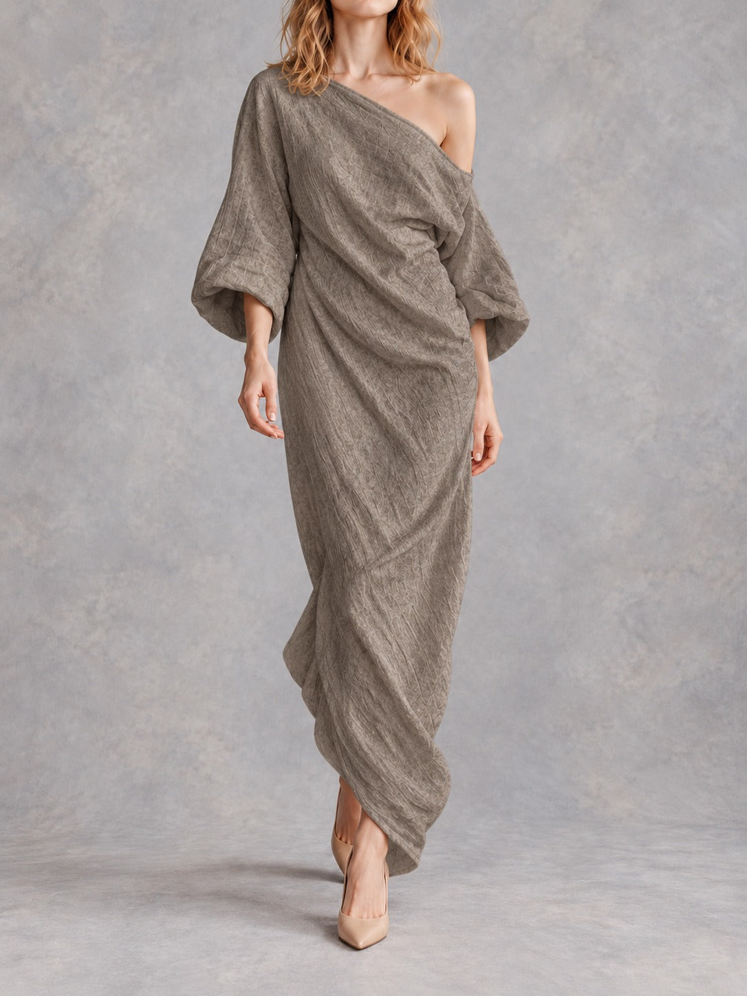 Off-Shoulder Stretch Maxi Dress in Khaki, front view