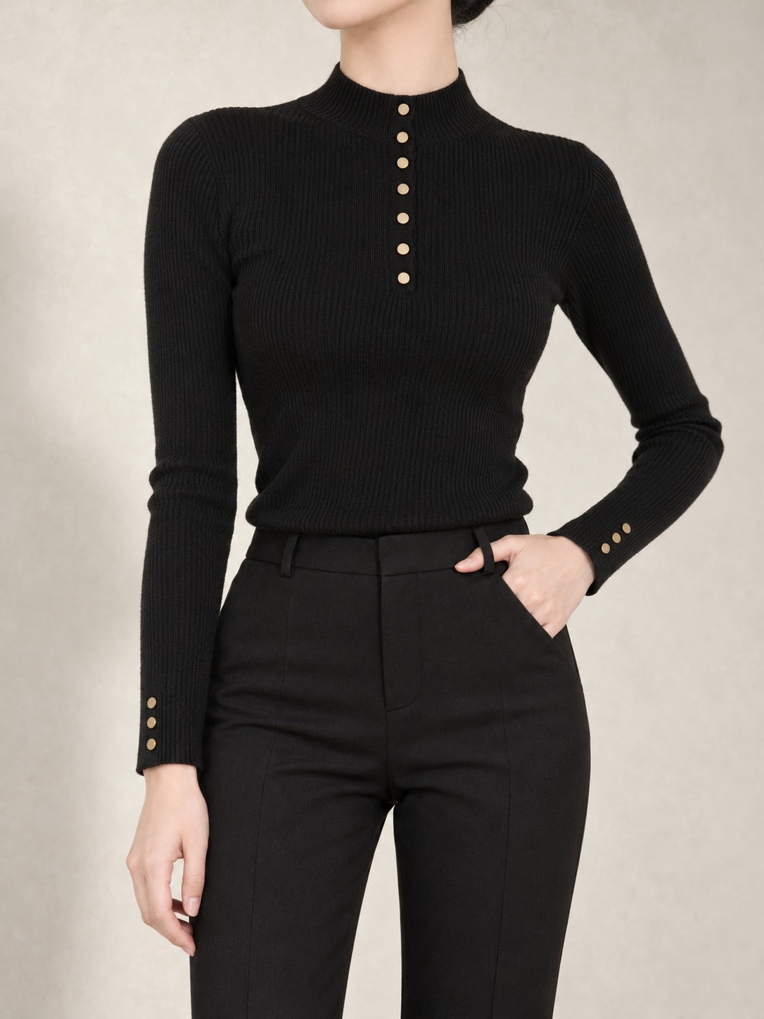 Sleeveless Mock Neck Sweater in Black, front view