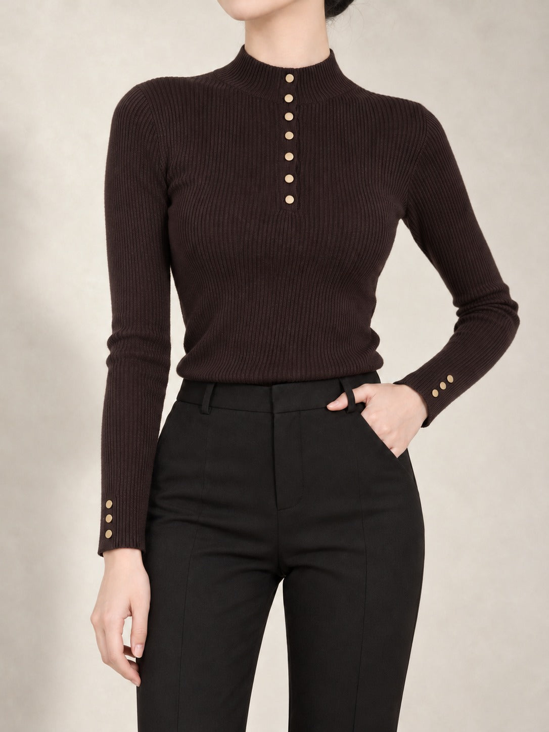 Sleeveless Mock Neck Sweater in Brown, front view