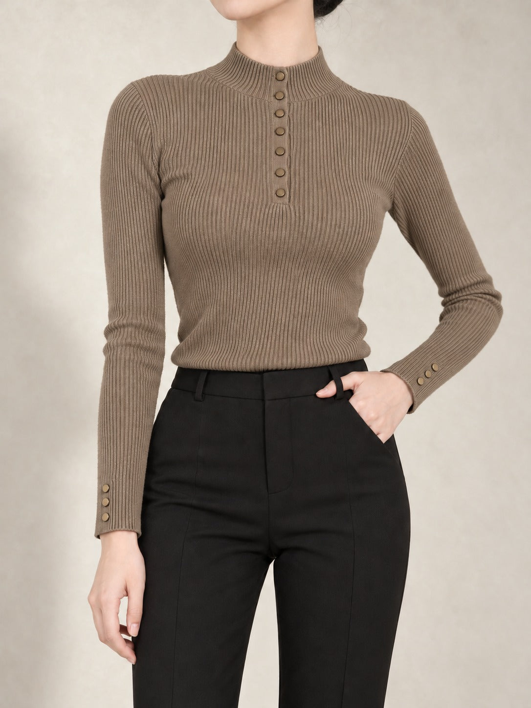 Sleeveless Mock Neck Sweater in Khaki, front view