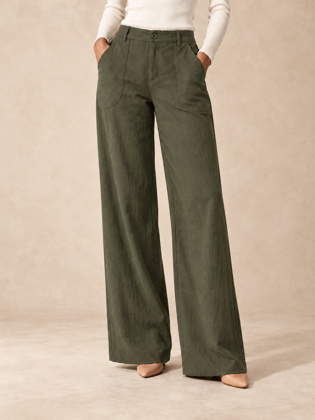 Linen-Blend Wide-Leg Pants in Army Green, styled on model