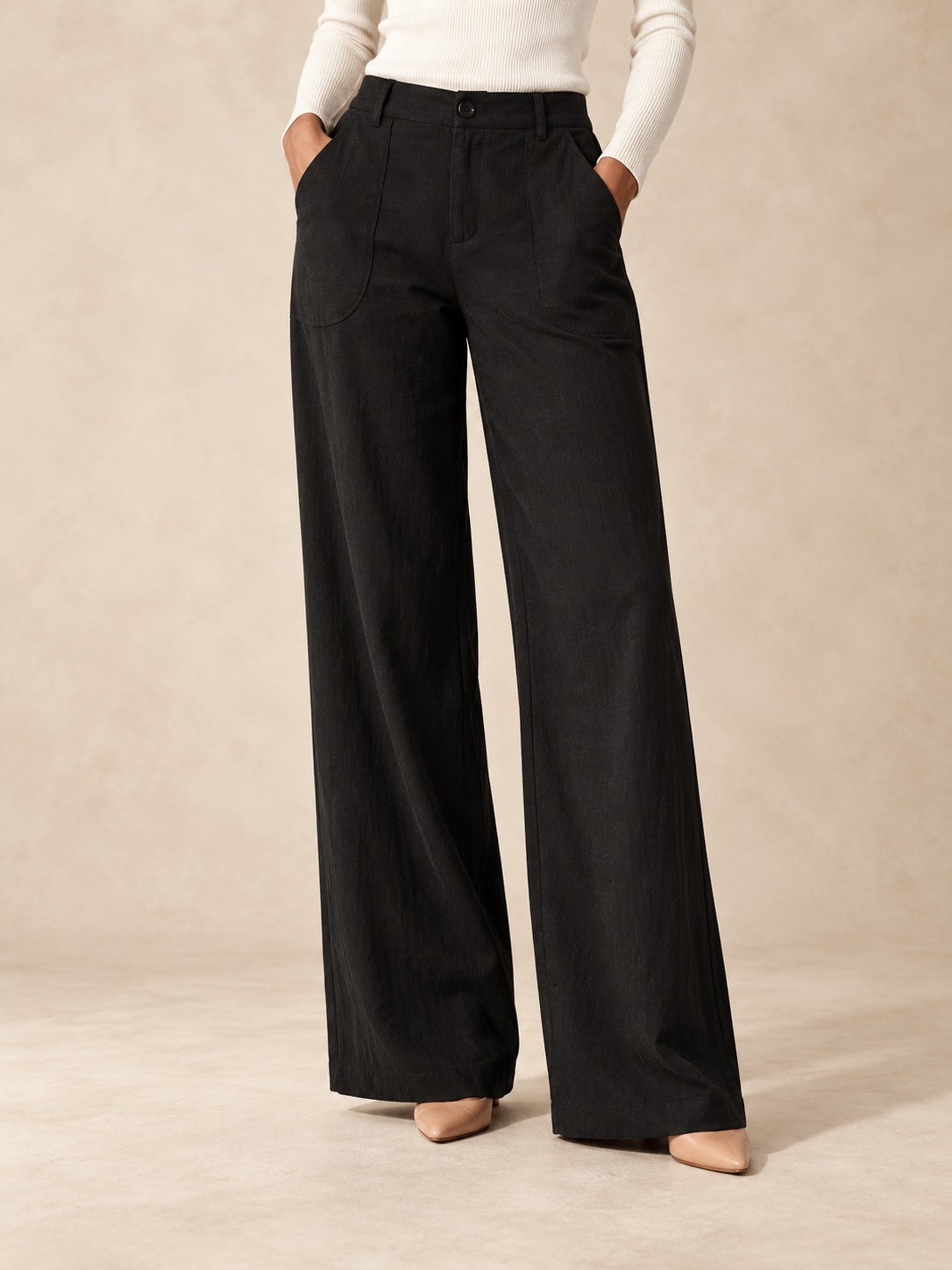 Linen-Blend Wide-Leg Pants in Black, styled on model