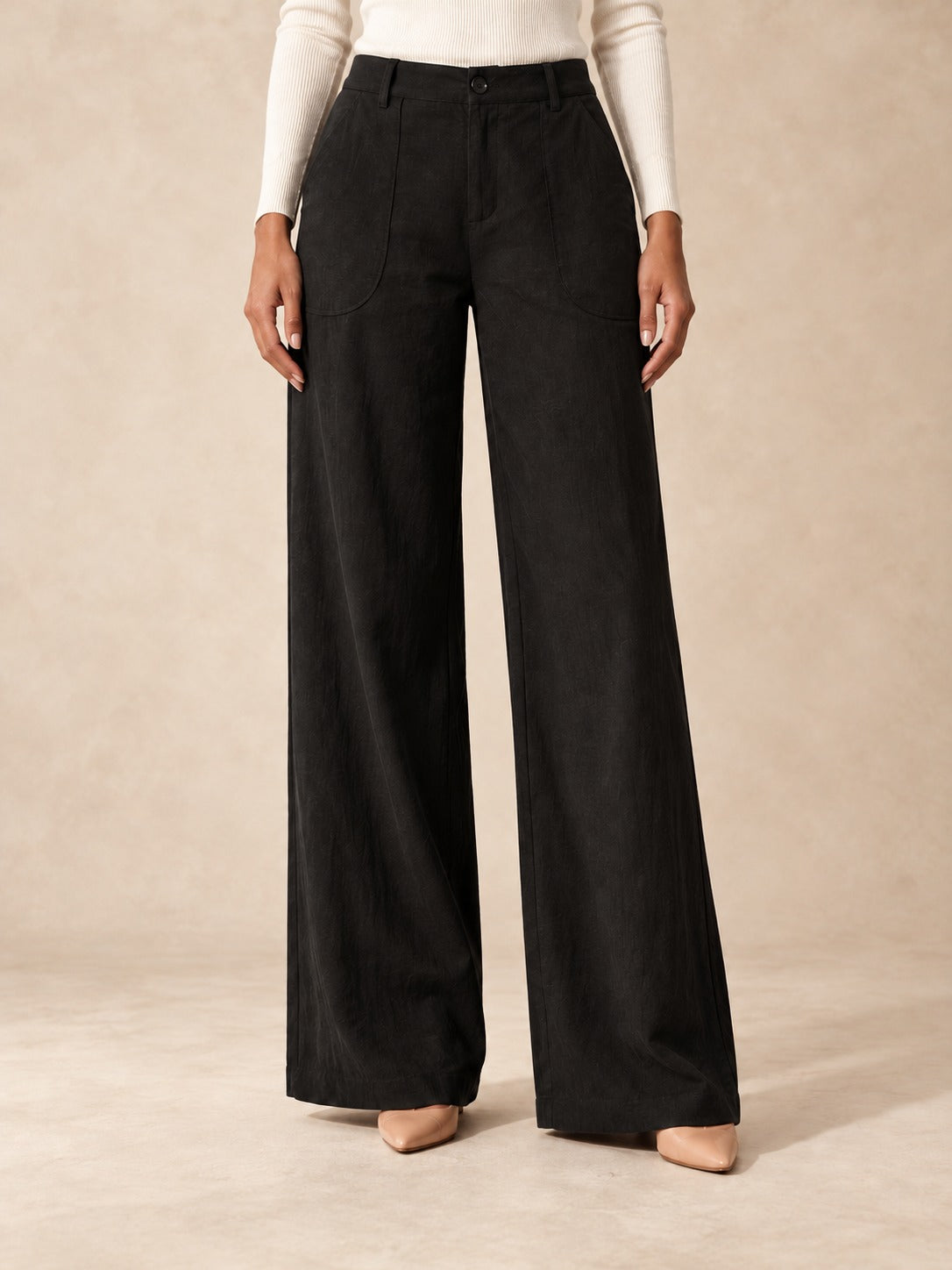 Linen-Blend Wide-Leg Pants in Black, front view