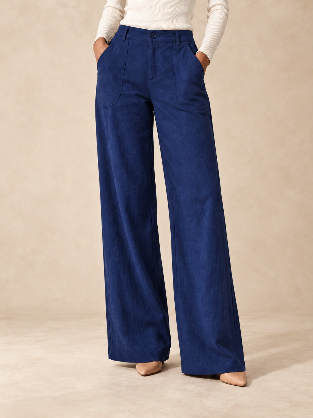 Linen-Blend Wide-Leg Pants in Blue, styled on model