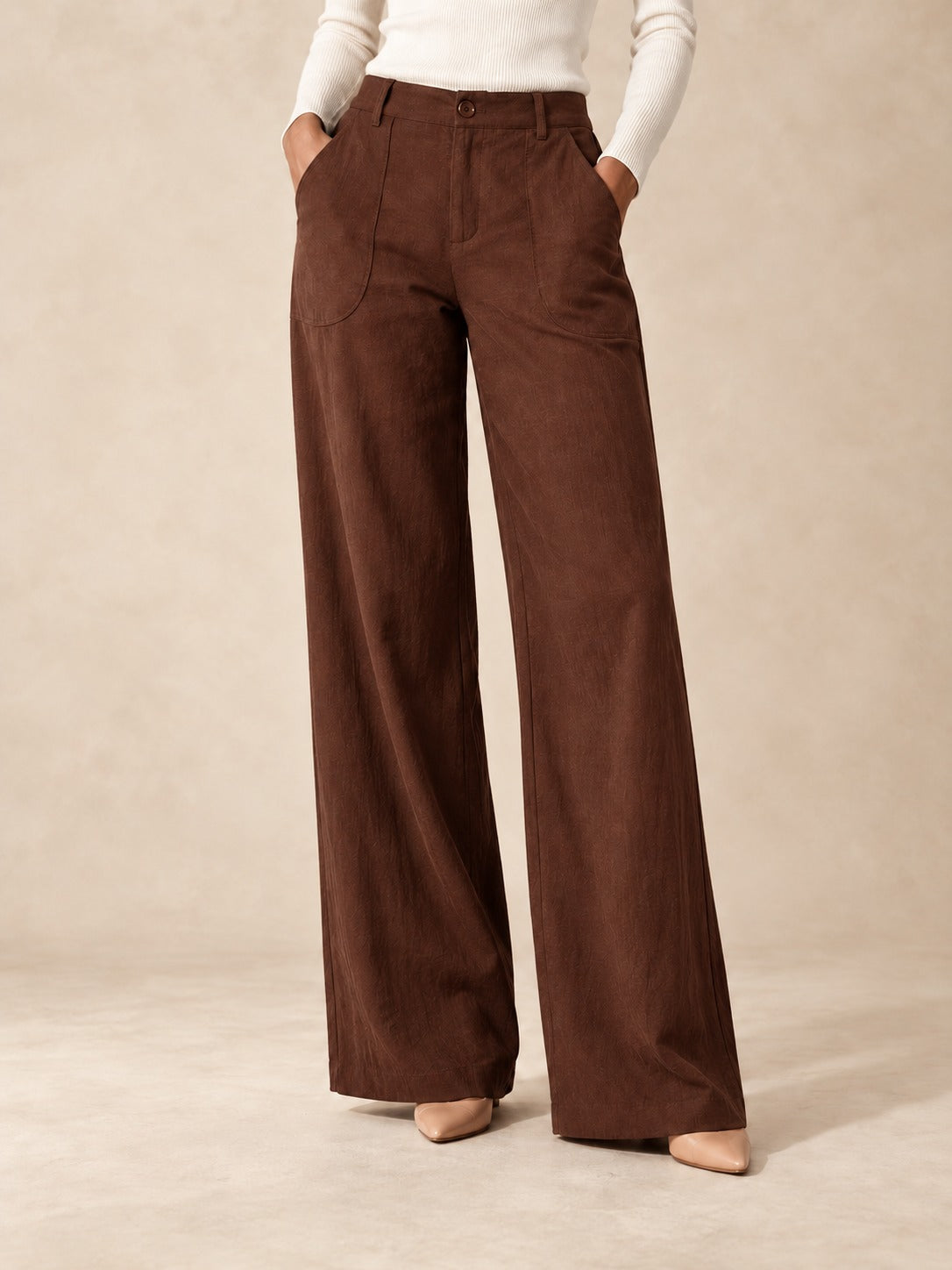 Linen-Blend Wide-Leg Pants in Brick Red, styled on model
