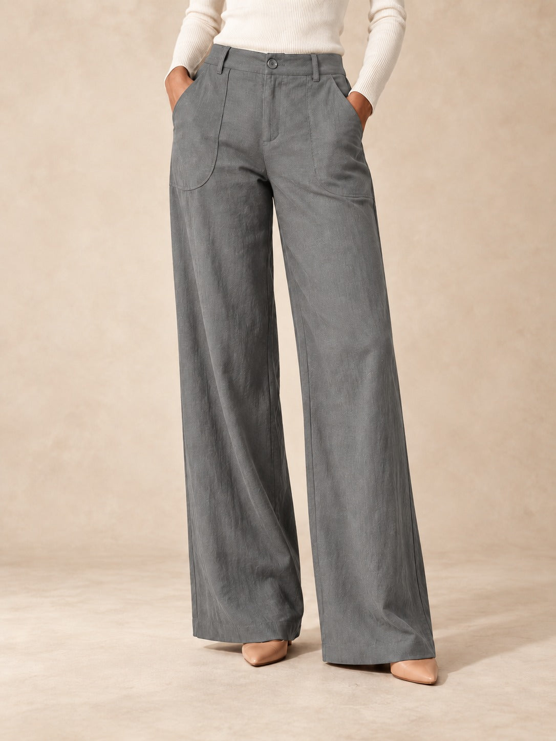 Linen-Blend Wide-Leg Pants in Gray, styled on model