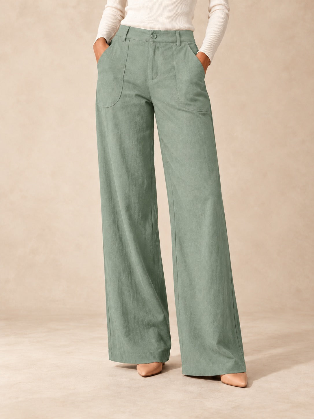 Linen-Blend Wide-Leg Pants in Malachite Green, styled on model