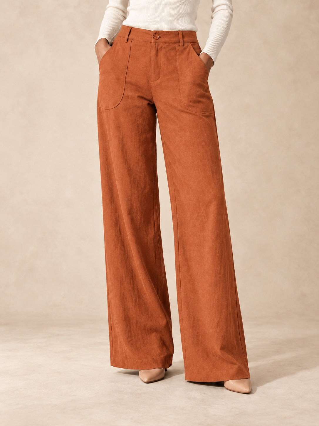 Linen-Blend Wide-Leg Pants in Orange, styled on model