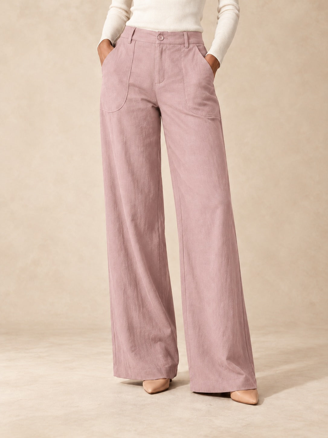 Linen-Blend Wide-Leg Pants in Pink, styled on model