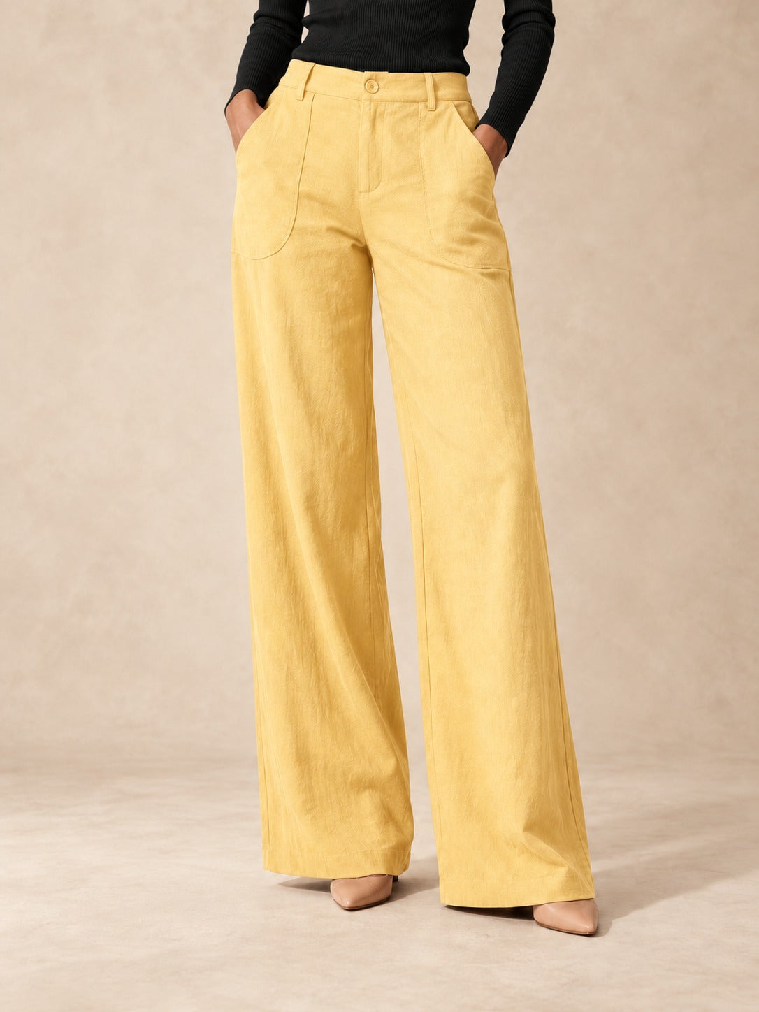 Linen-Blend Wide-Leg Pants in Yellow, styled on model