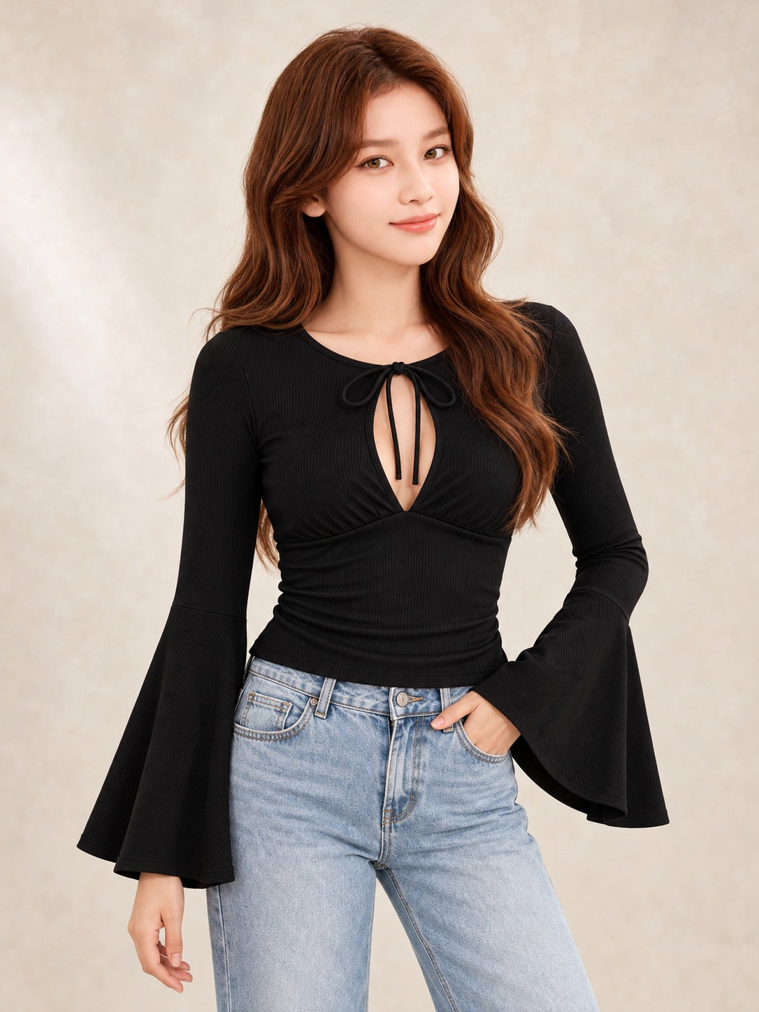 Lace-Up Long Sleeve Top in Black, styled on model