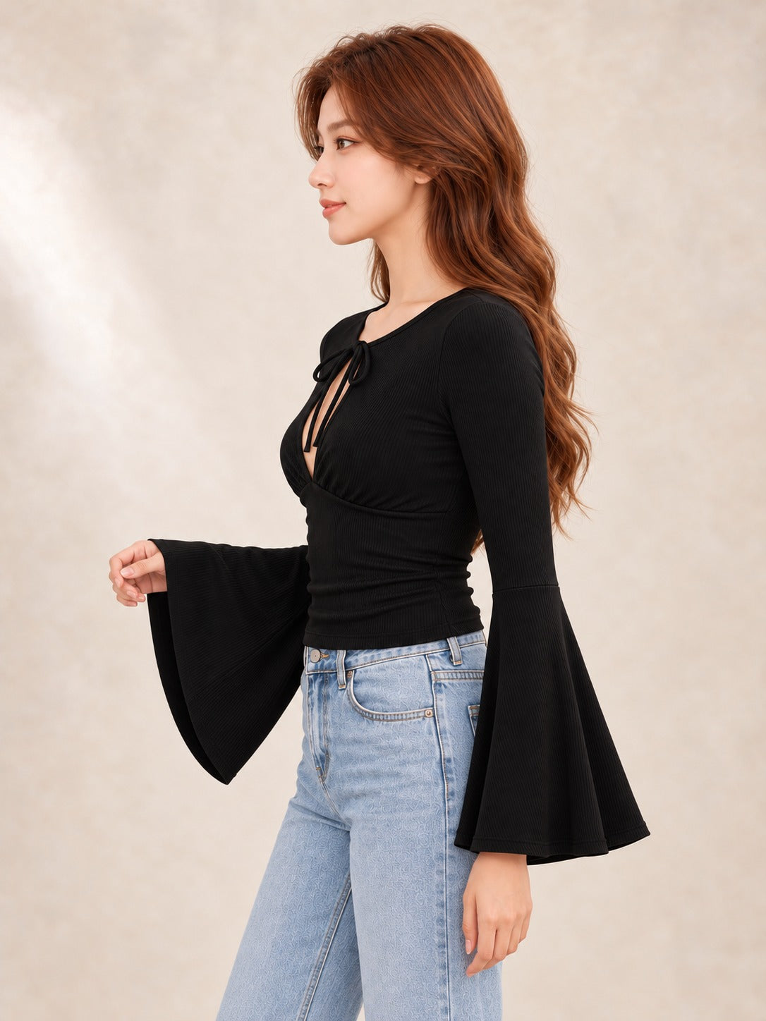 Lace-Up Long Sleeve Top in Black, side view