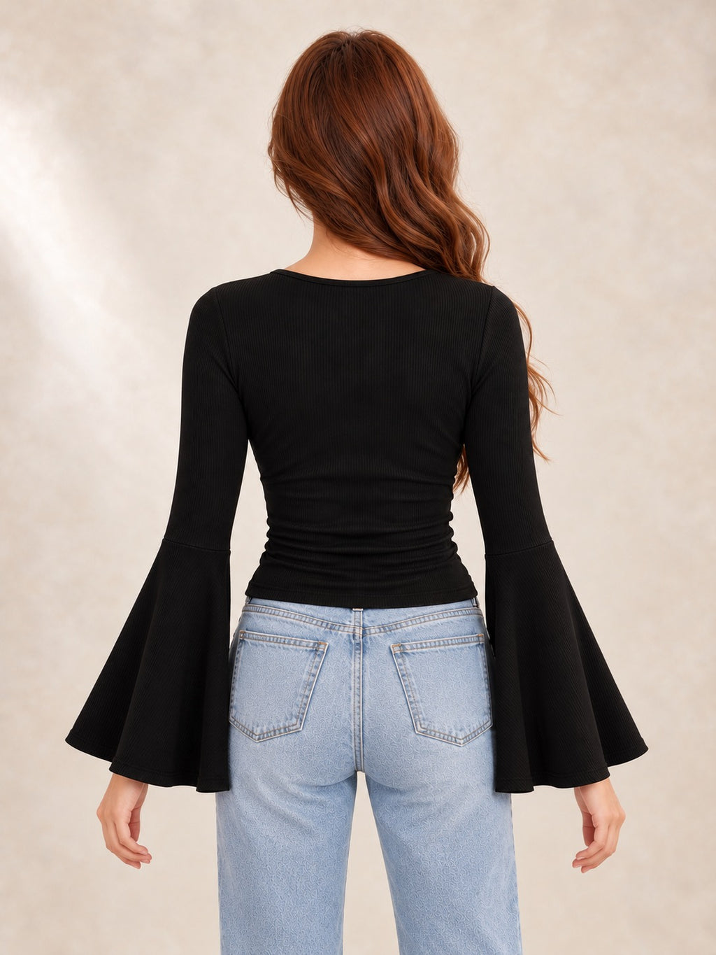 Lace-Up Long Sleeve Top in Black, back view