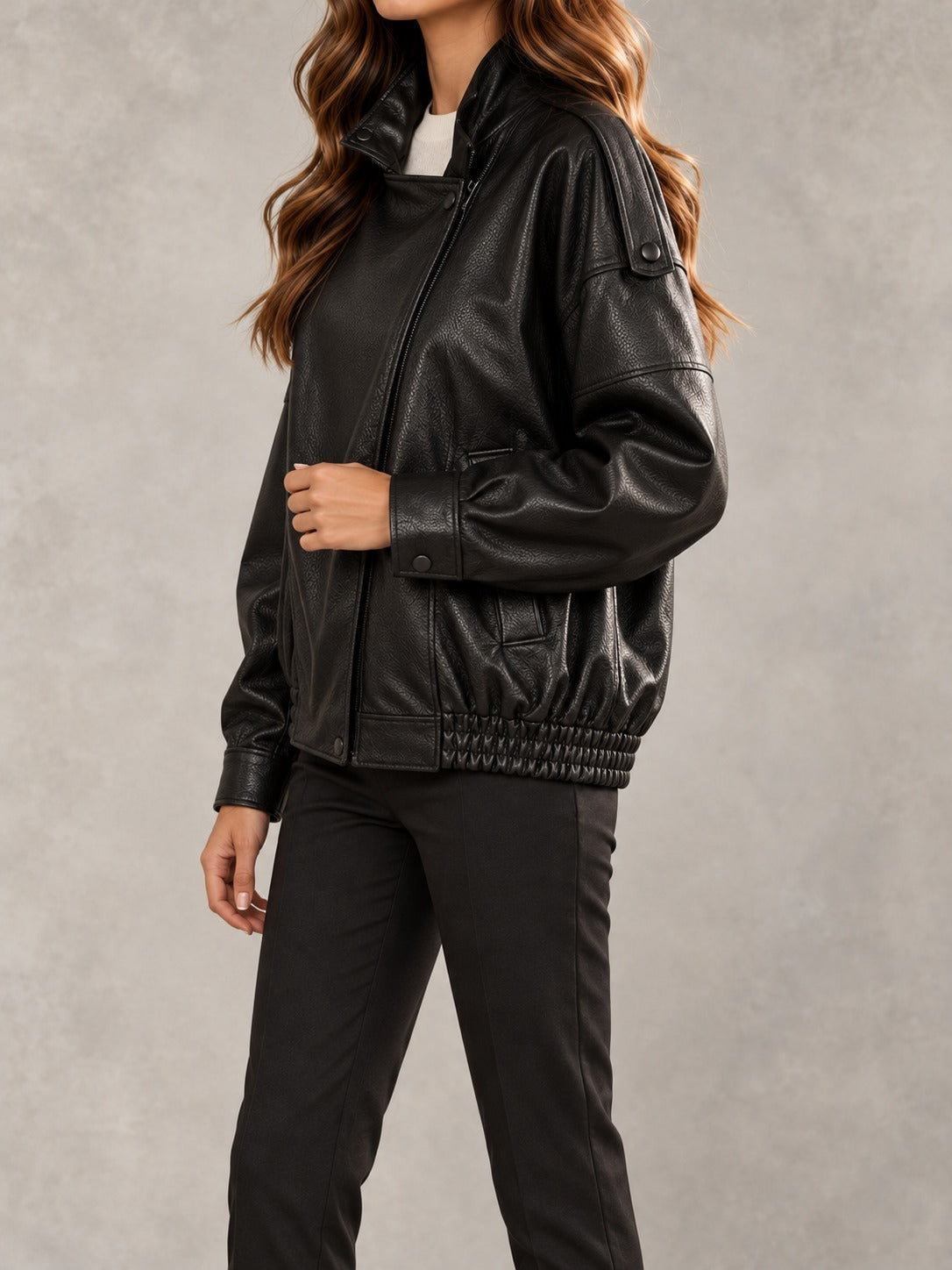 Faux Leather Band Collar Jacket in Black, side view