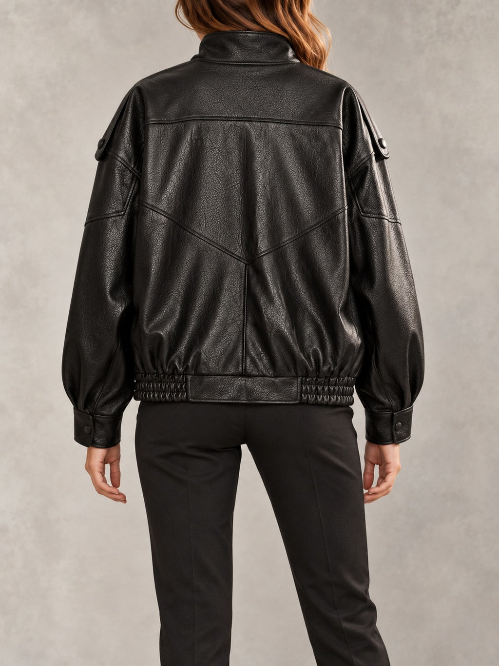 Faux Leather Band Collar Jacket in Black, back view