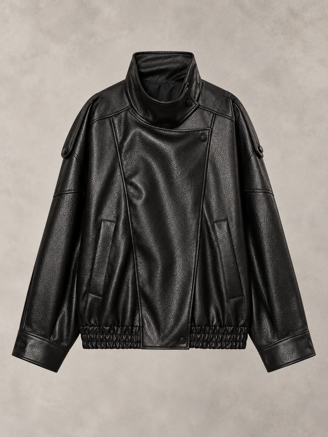 Faux Leather Band Collar Jacket in Black, product only