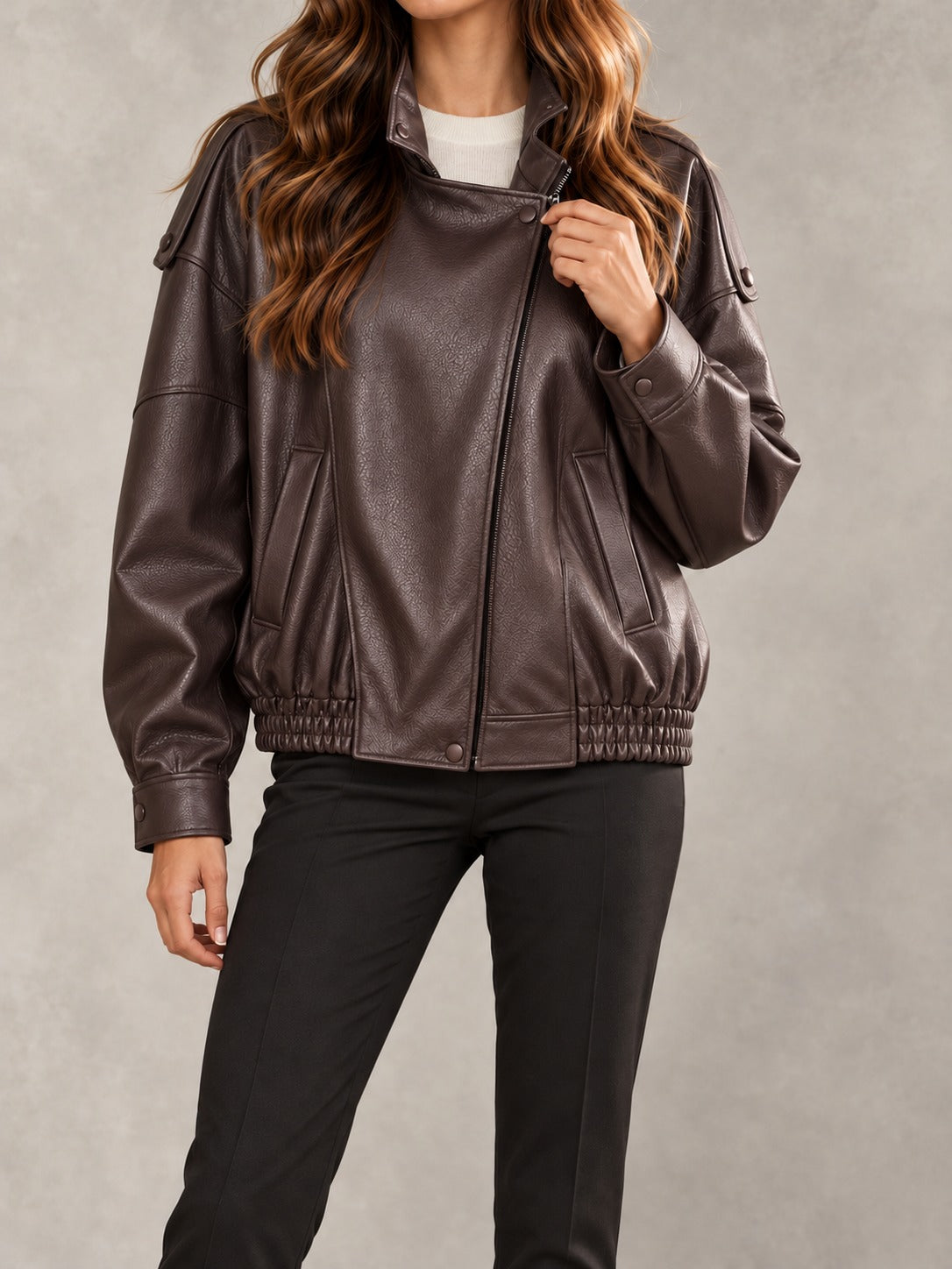 Faux Leather Band Collar Jacket in Brown, front view