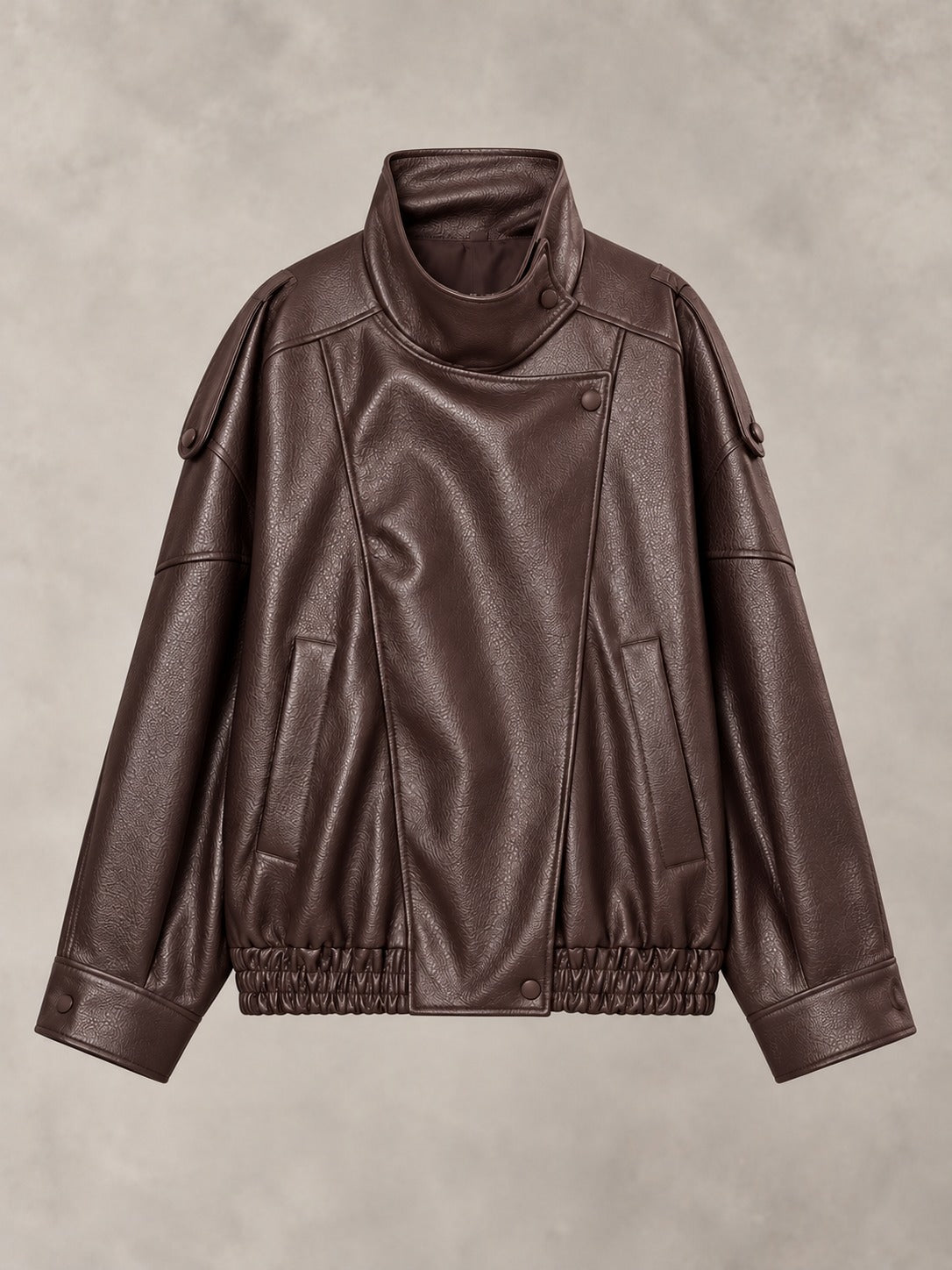 Faux Leather Band Collar Jacket in Brown, product only