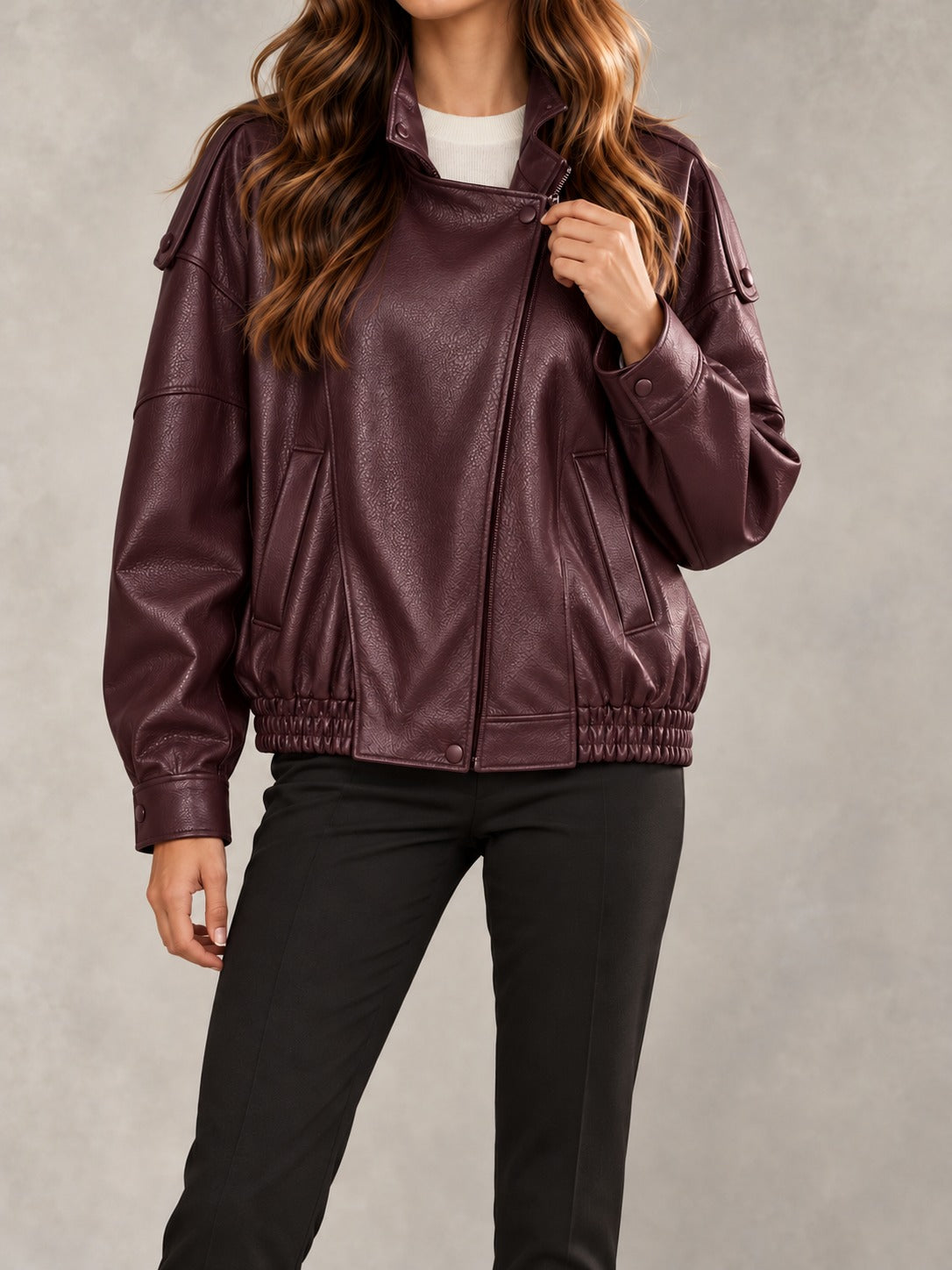 Faux Leather Band Collar Jacket in Wine Red, front view