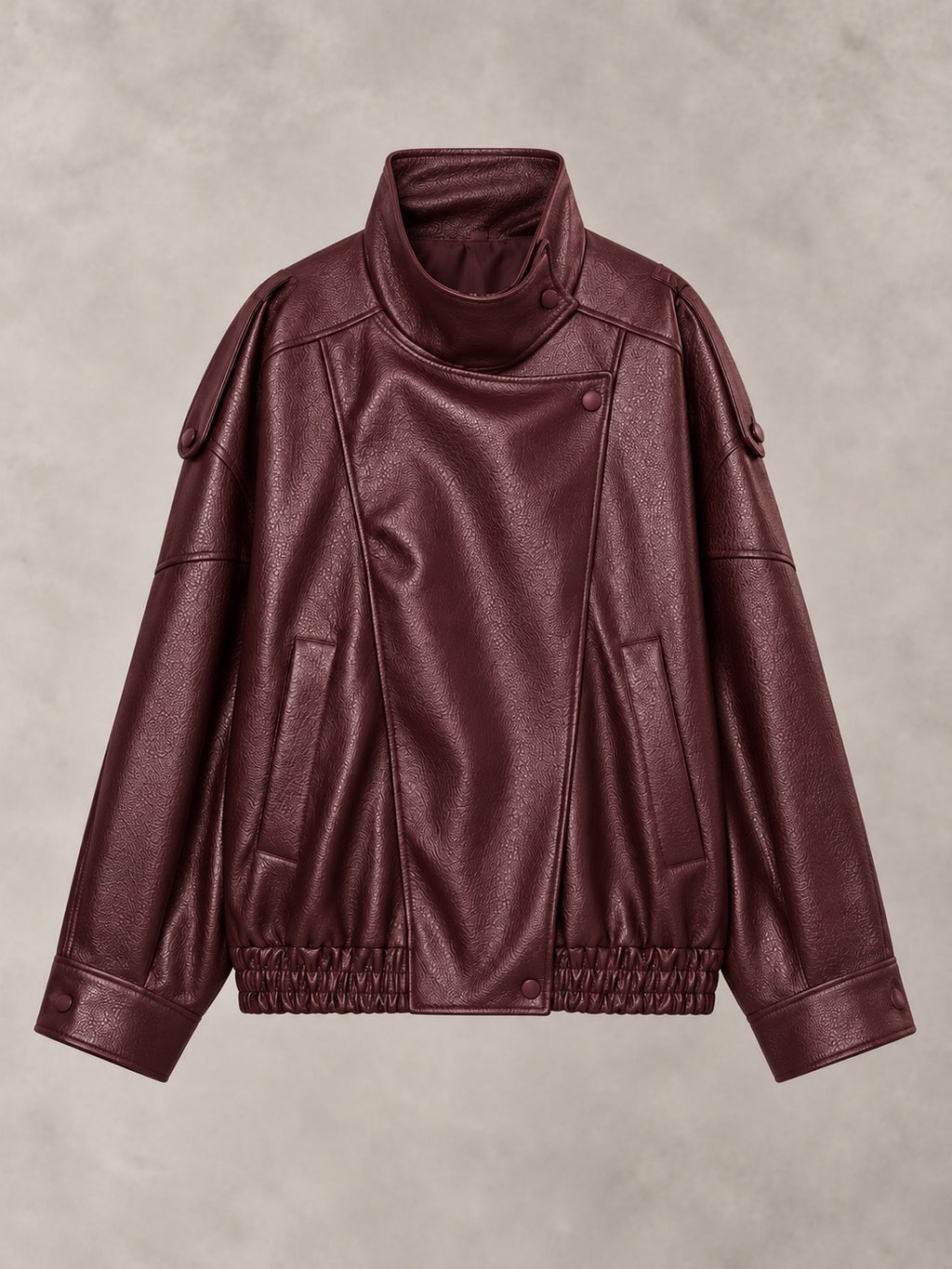 Faux Leather Band Collar Jacket in Wine Red, product only