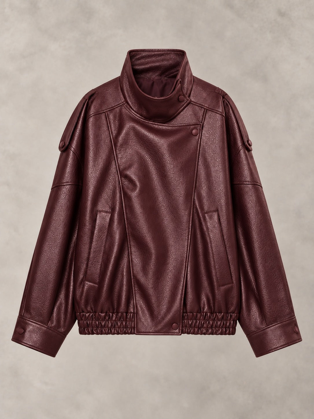 Faux Leather Band Collar Jacket in Wine Red, product only