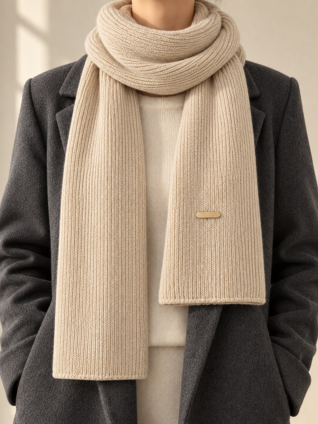 Patterned Knit Winter Scarf in Beige (Gold Label), styled on model