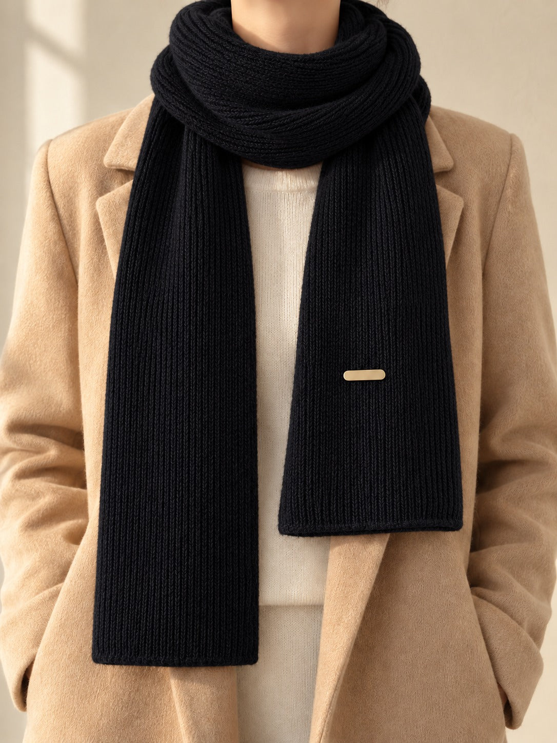 Patterned Knit Winter Scarf in Black (Gold Label), styled on model