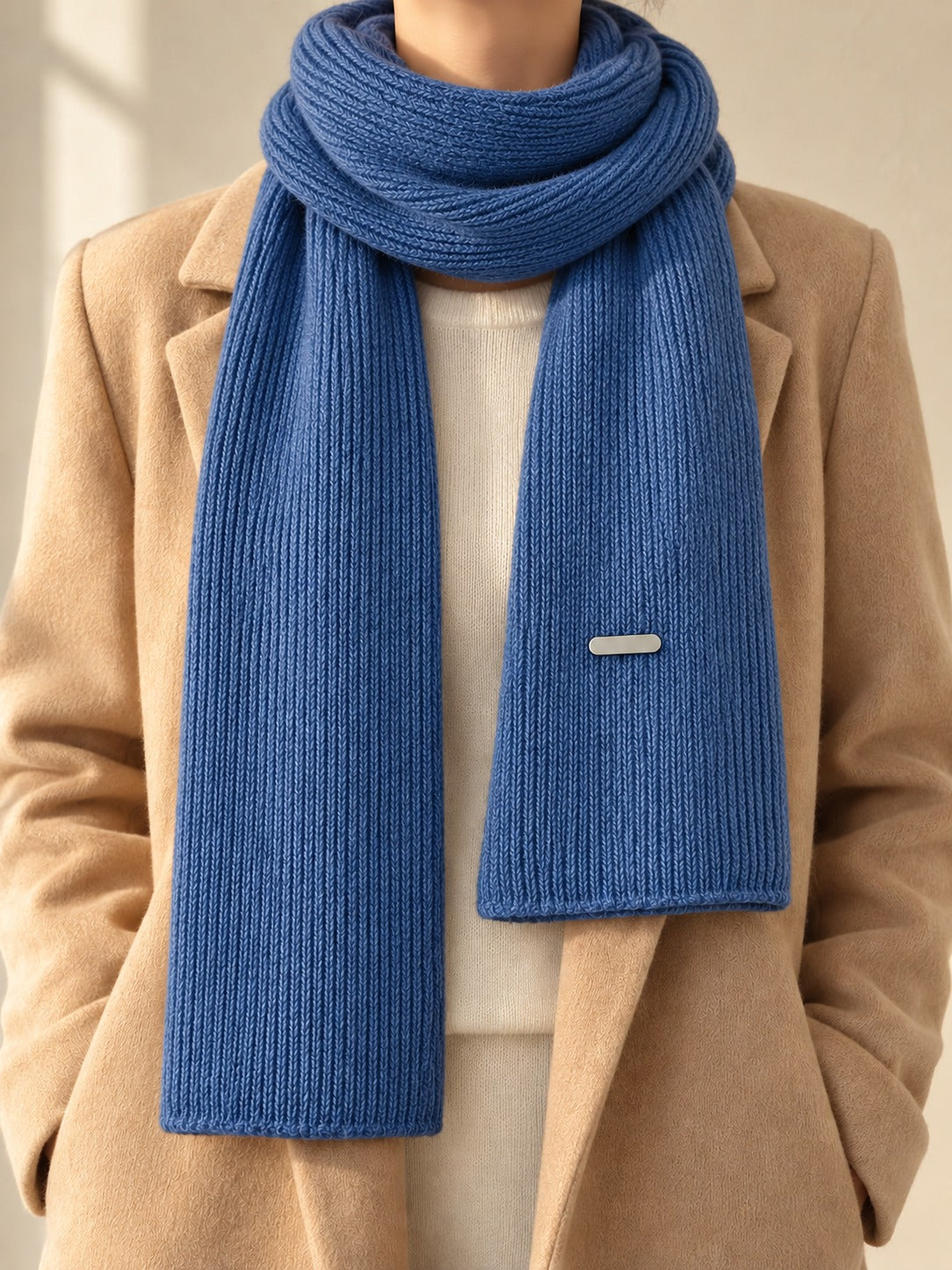 Patterned Knit Winter Scarf in Blue (Gold Label), styled on model