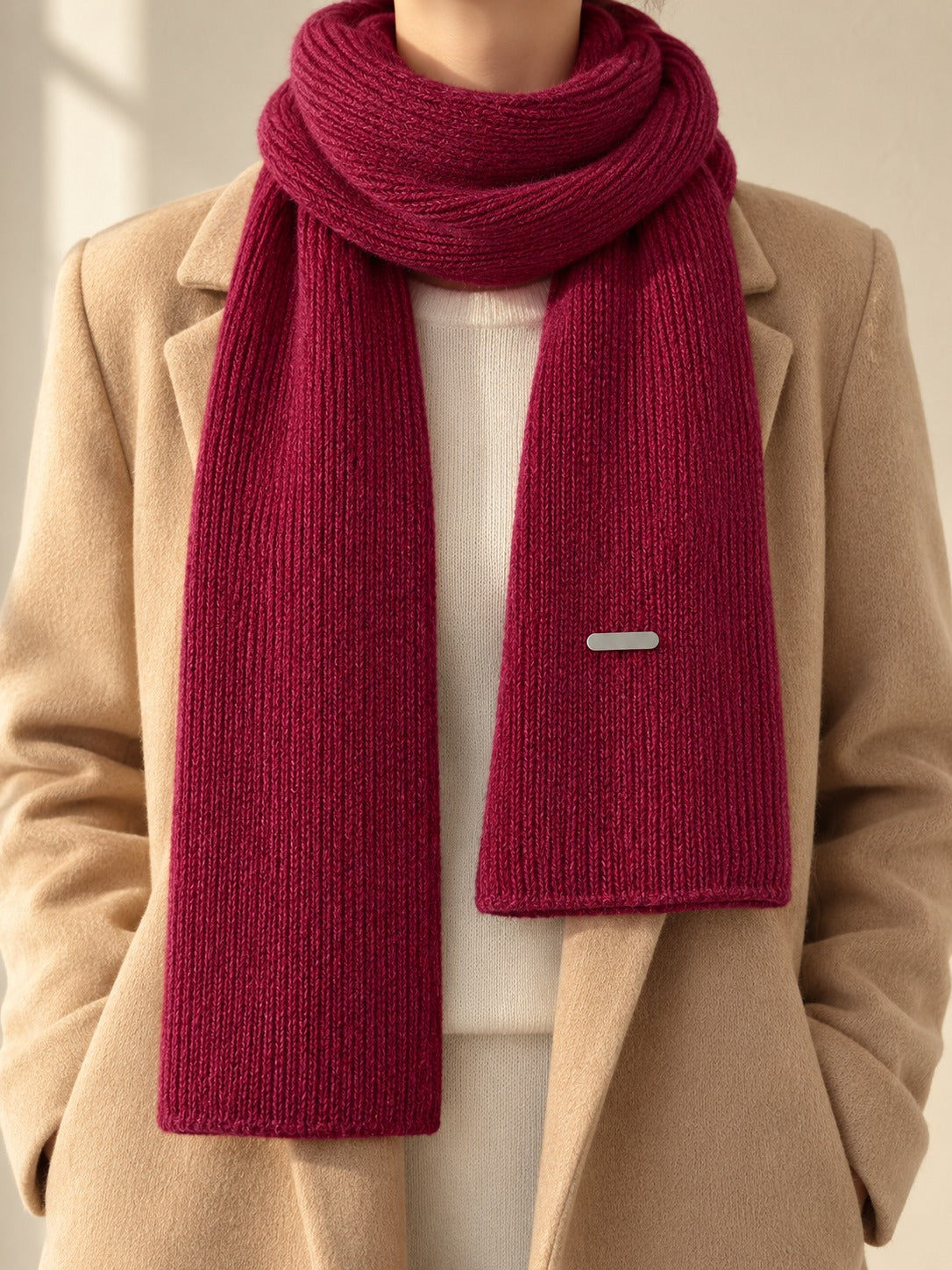 Patterned Knit Winter Scarf in Burgundy (Gold Label), styled on model