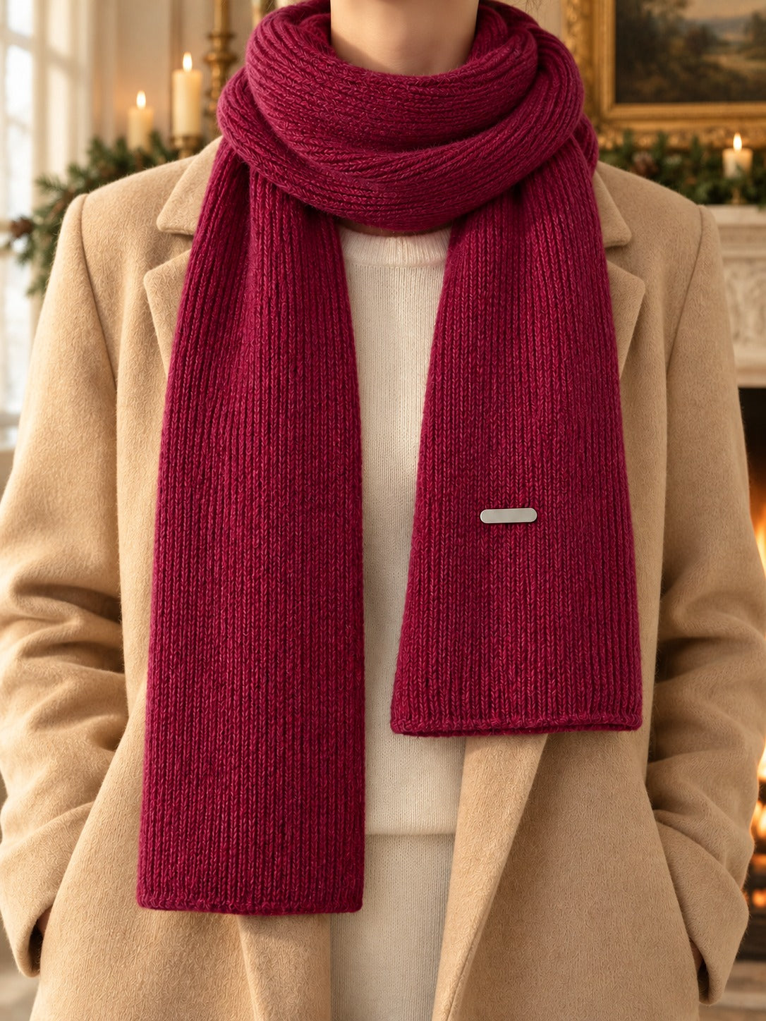Patterned Knit Winter Scarf in Burgundy (Gold Label), lifestyle view