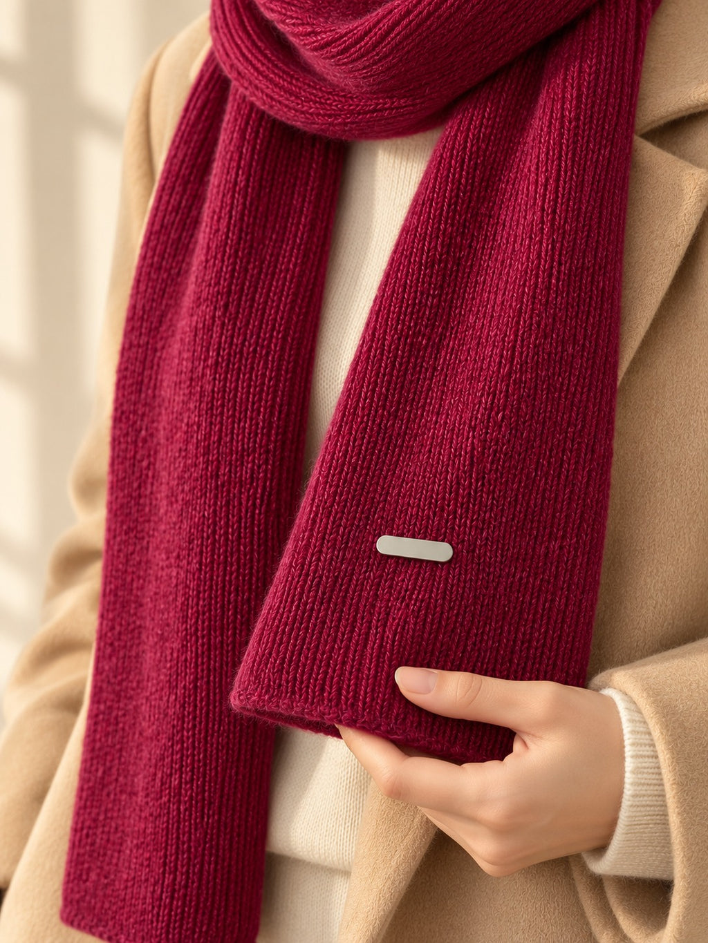 Patterned Knit Winter Scarf in Burgundy (Gold Label), detail view
