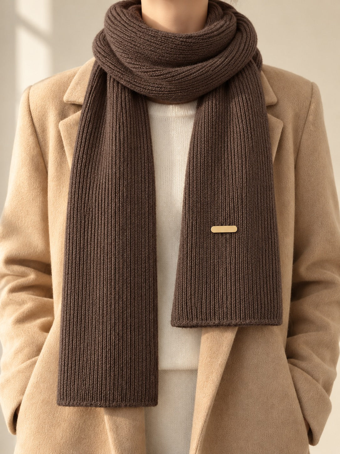 Patterned Knit Winter Scarf in Coffee (Gold Label), styled on model