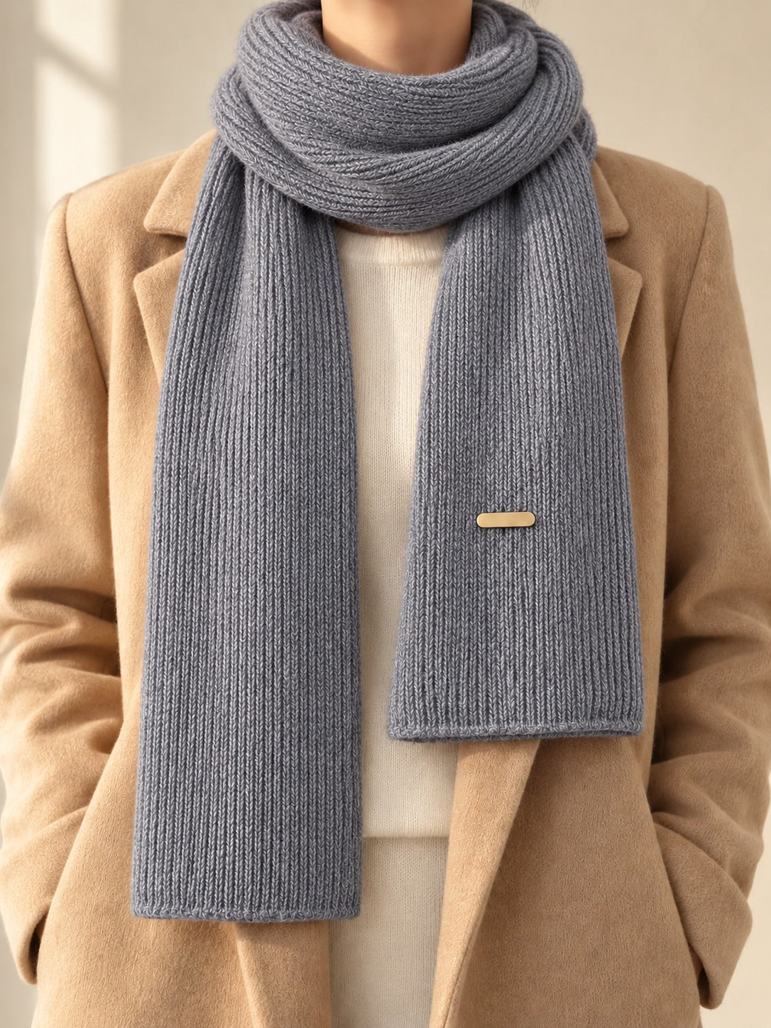 Patterned Knit Winter Scarf in Grey (Gold Label), styled on model