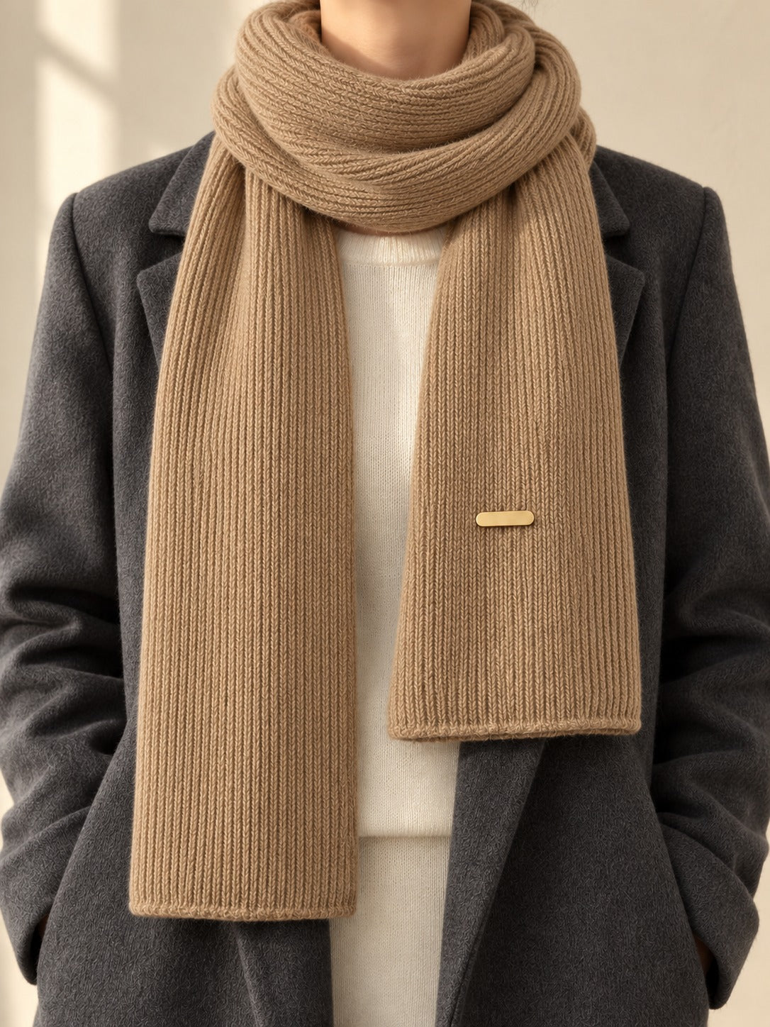 Patterned Knit Winter Scarf in Khaki (Gold Label), styled on model