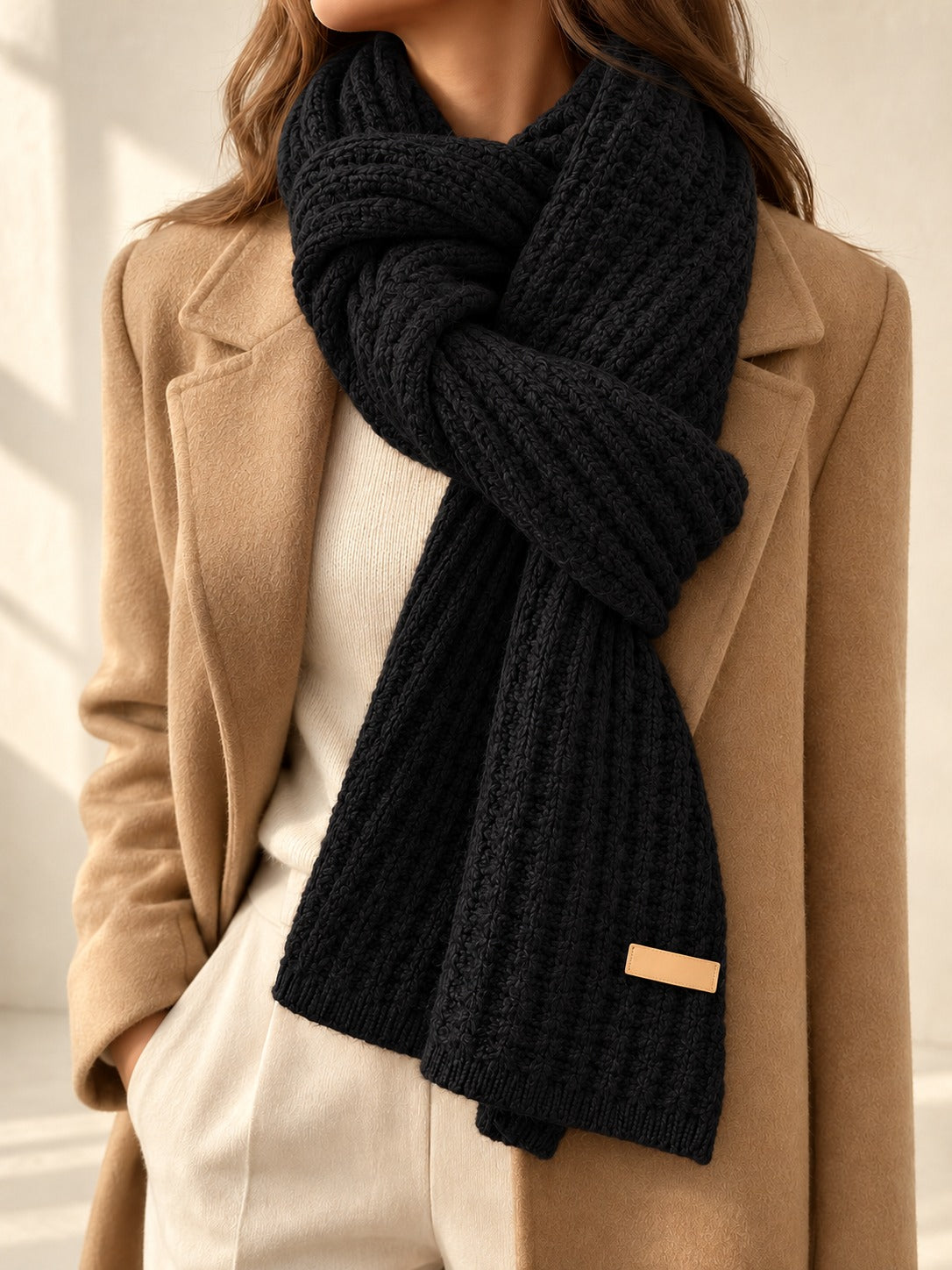 Patterned Knit Winter Scarf in Black (Small Label), styled on model
