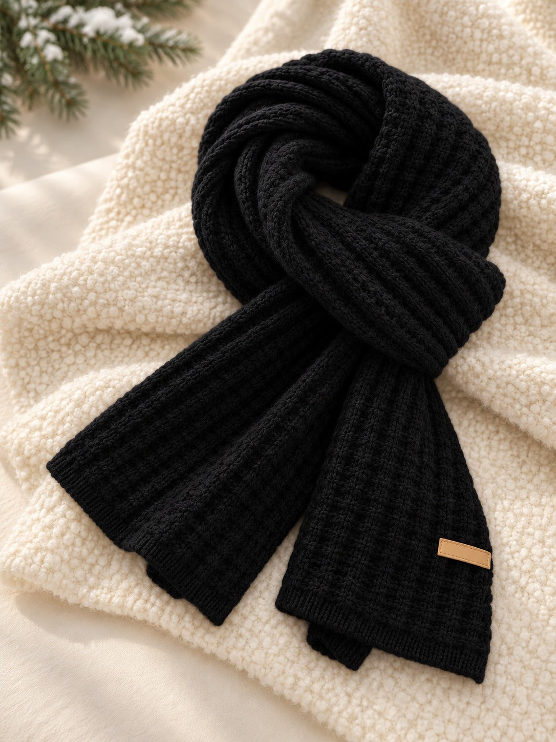 Patterned Knit Winter Scarf in Black (Small Label), product only