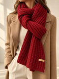Patterned Knit Winter Scarf in Burgundy (Small Label), styled on model