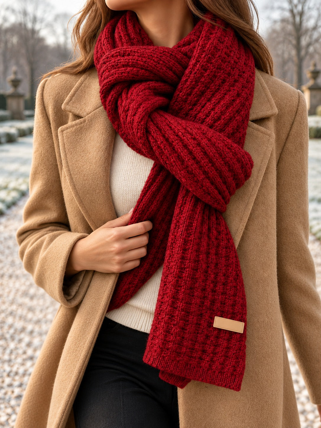 Patterned Knit Winter Scarf in Burgundy (Small Label), lifestyle view