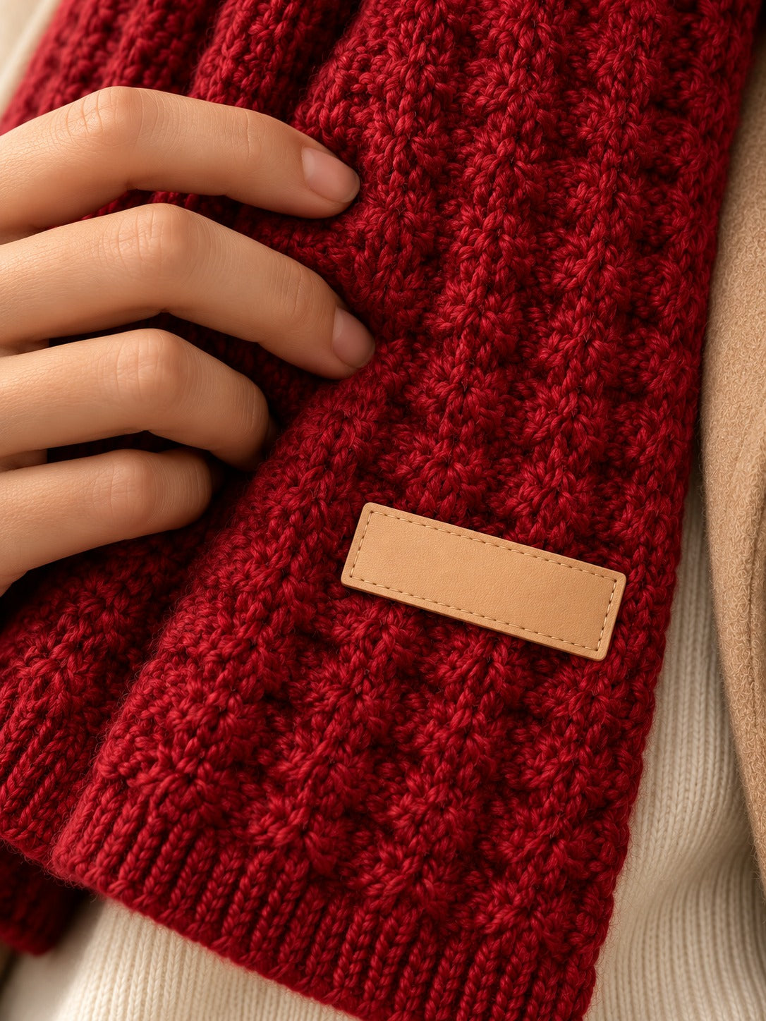Patterned Knit Winter Scarf in Burgundy (Small Label), detail view