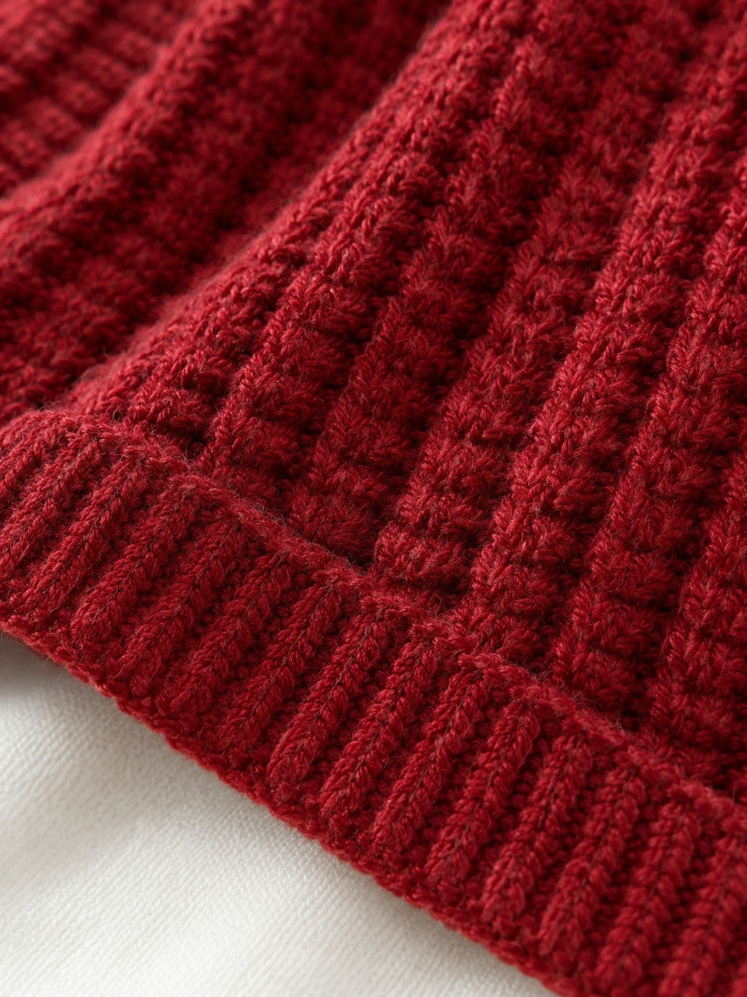 Patterned Knit Winter Scarf in Burgundy (Small Label), fabric close-up