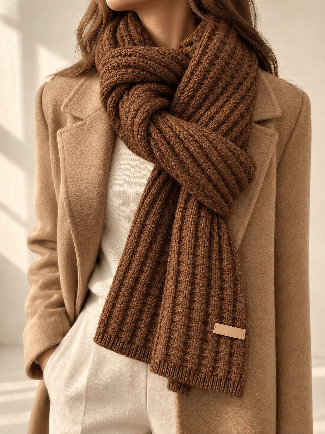 Patterned Knit Winter Scarf in Coffee (Small Label), styled on model