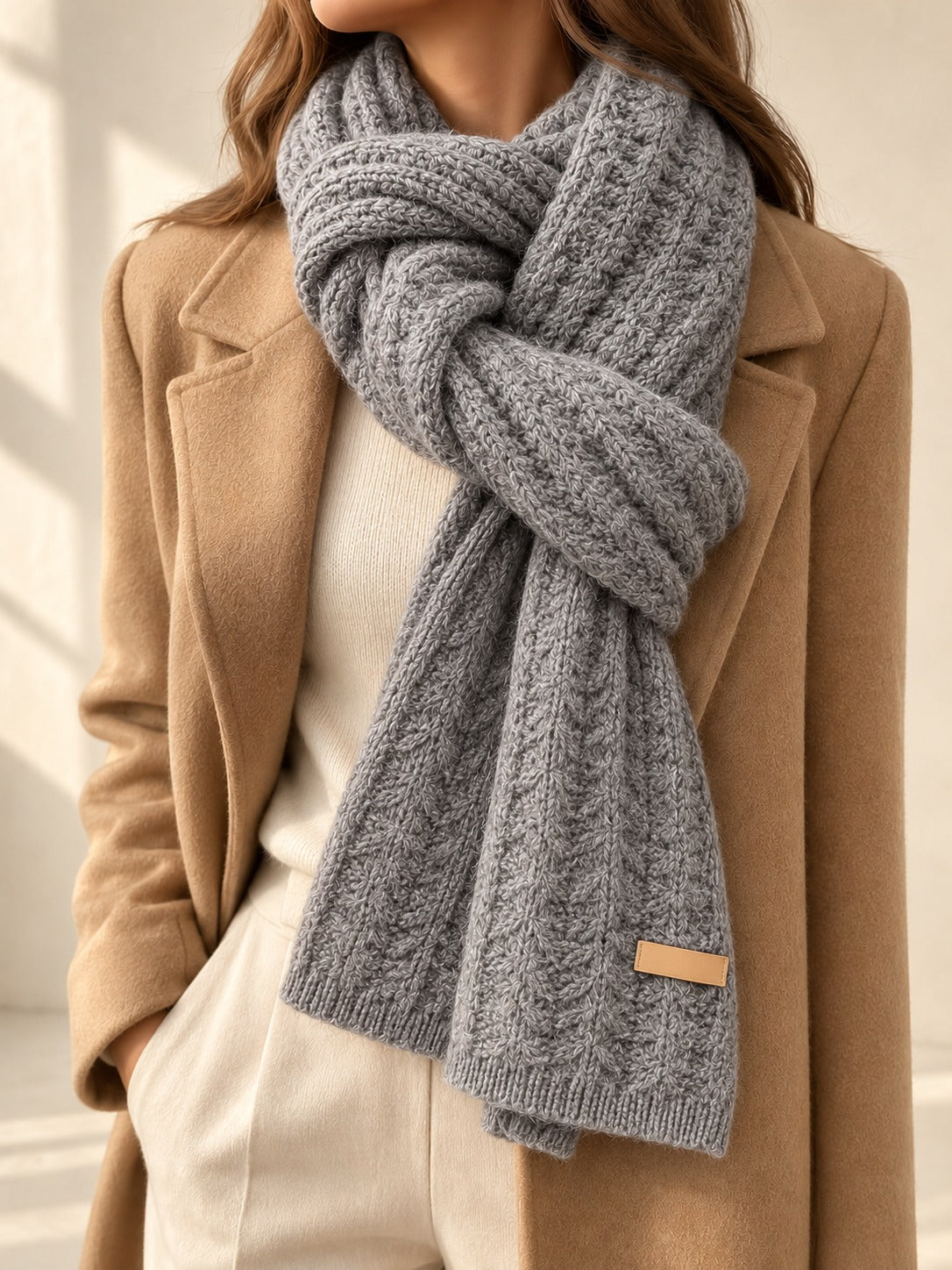Patterned Knit Winter Scarf in Grey (Small Label), styled on model